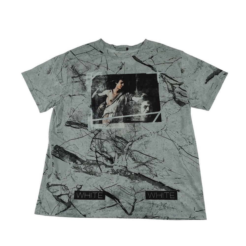 Sheshe's Graphic Print T-Shirt Gray Marble Design Streetwear Fashion Mens Small